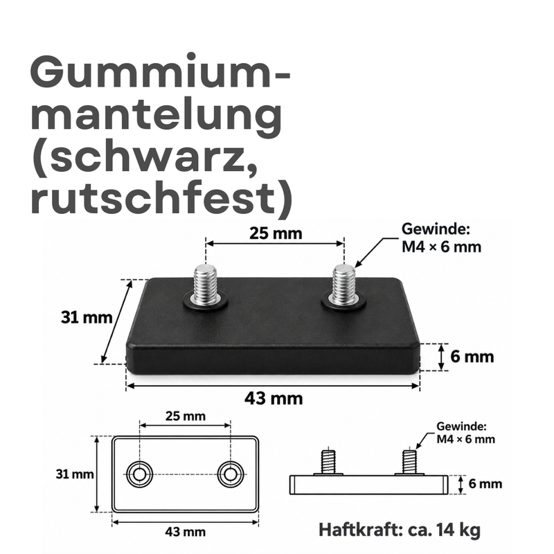 Neodym Magnet Gummitopfmagnet 43 x 31 x 6 mm mit 2 x M4 Gewindezapfen – hohe 14 kg Haftkraft verdrehsicher