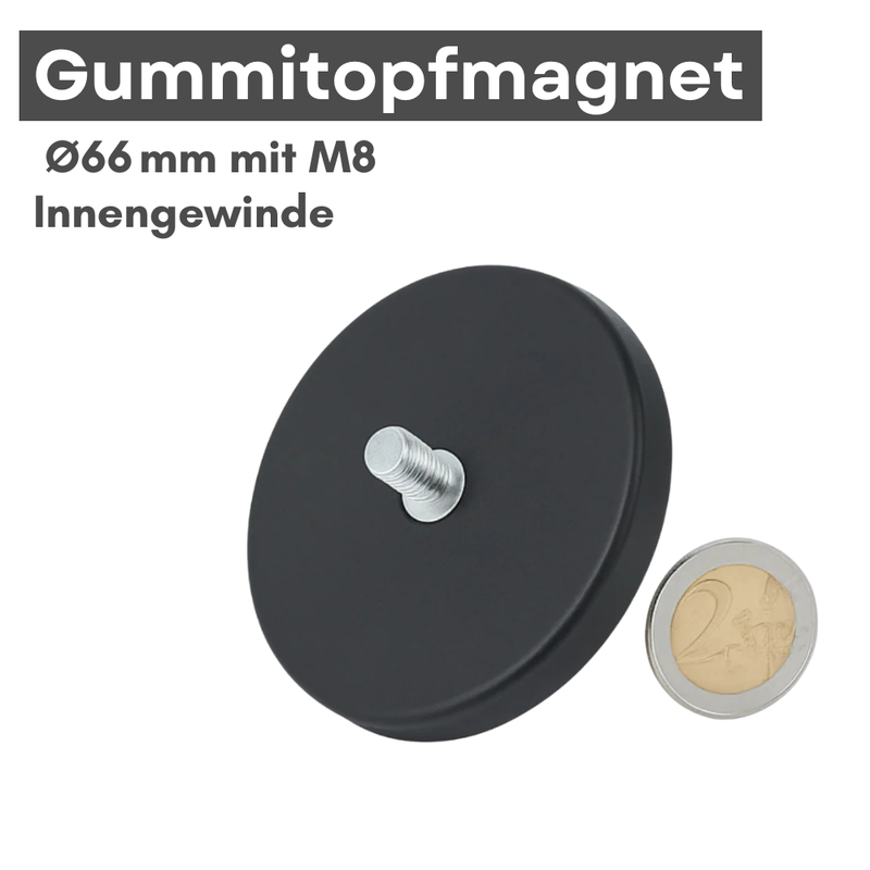 Gummitopfmagnet Ø66 mm mit M8 Innengewinde – starker Neodym-Magnet mit Schutzbeschichtung