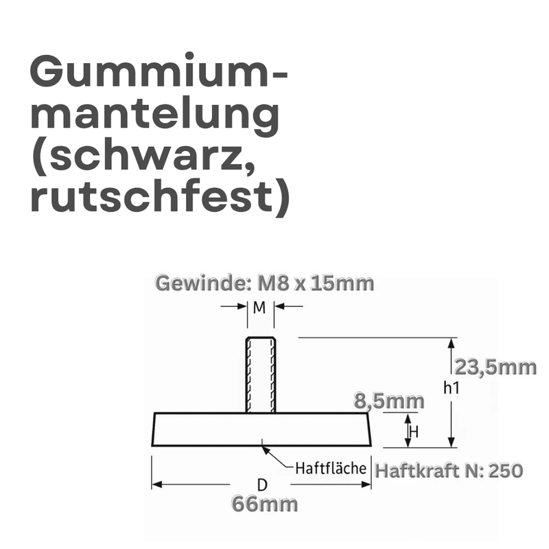 Gummitopfmagnet Ø66 mm mit M8 Innengewinde – starker Neodym-Magnet mit Schutzbeschichtung