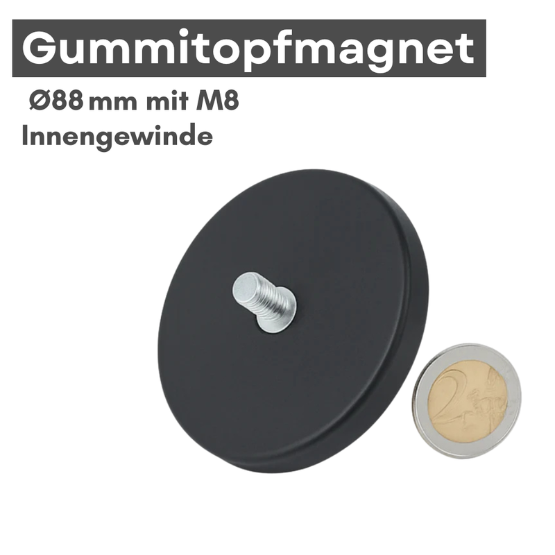 Gummitopfmagnet Ø88 mm mit M8 Innengewinde – starker Neodym-Magnet mit Schutzbeschichtung