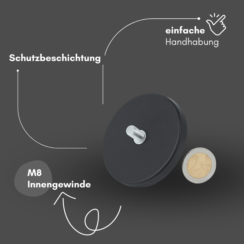 Gummitopfmagnet Ø88 mm mit M8 Innengewinde – starker Neodym-Magnet mit Schutzbeschichtung