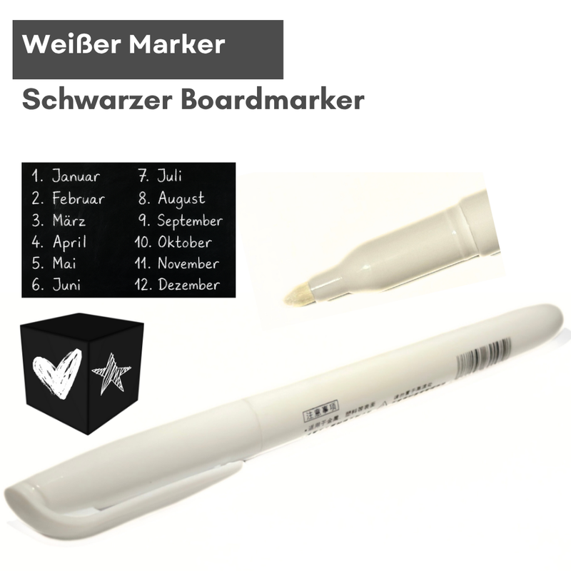 Weißer Marker und schwarzer Boardmarker mit beschrifteter Kreidetafel und Würfel