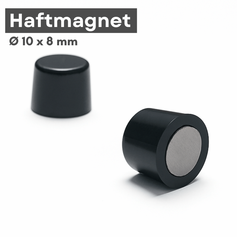 Runder schwarzer Magnet 10x8mm auf Haftmagnet-Board befestigt – ideal für Büroorganisation